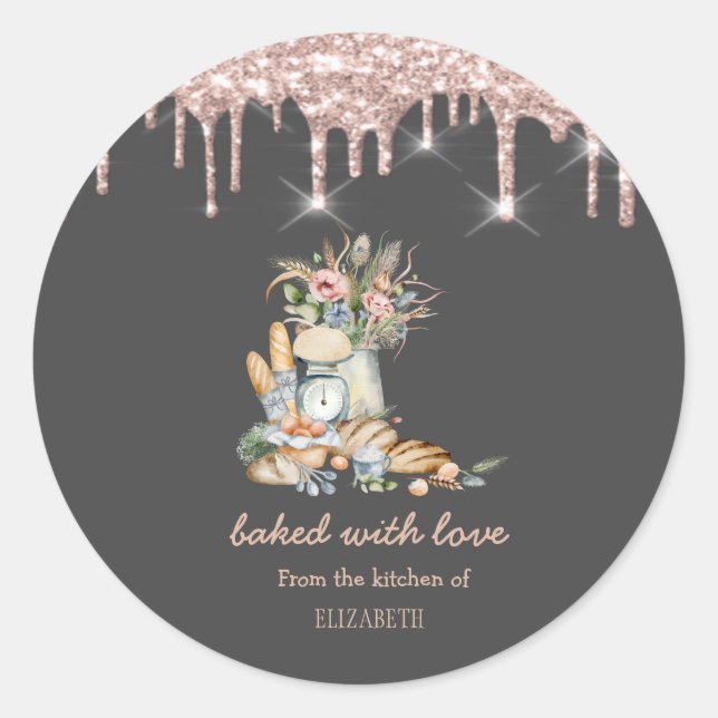 Rustic Breads Flowers Rose Gold Drips Bakery   Classic Round Sticker (Front)