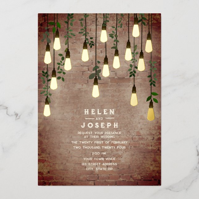 Rustic Brick Vintage Lightbulb Botanical Wedding (Front)