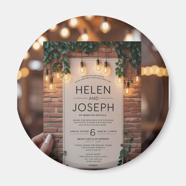 Rustic Brick Wall String Lights Greenery Wedding I Magnet (Front)