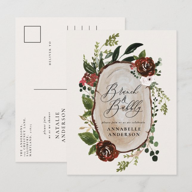 Rustic bridal shower brunch and bubbly burgundy announcement postcard (Front/Back)