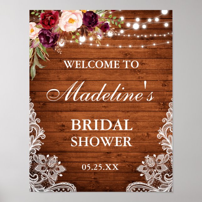 Rustic Bridal Shower Burgundy Floral Lace Poster (Front)