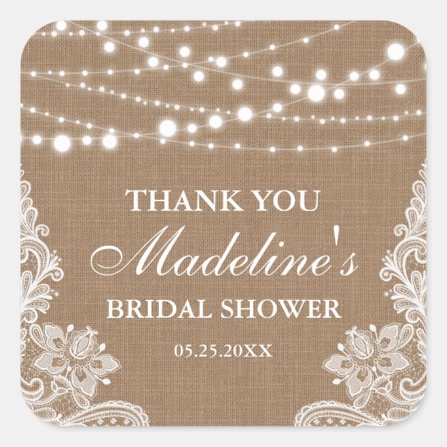 Rustic Bridal Shower Burlap String Lace Thank You Square Sticker (Front)