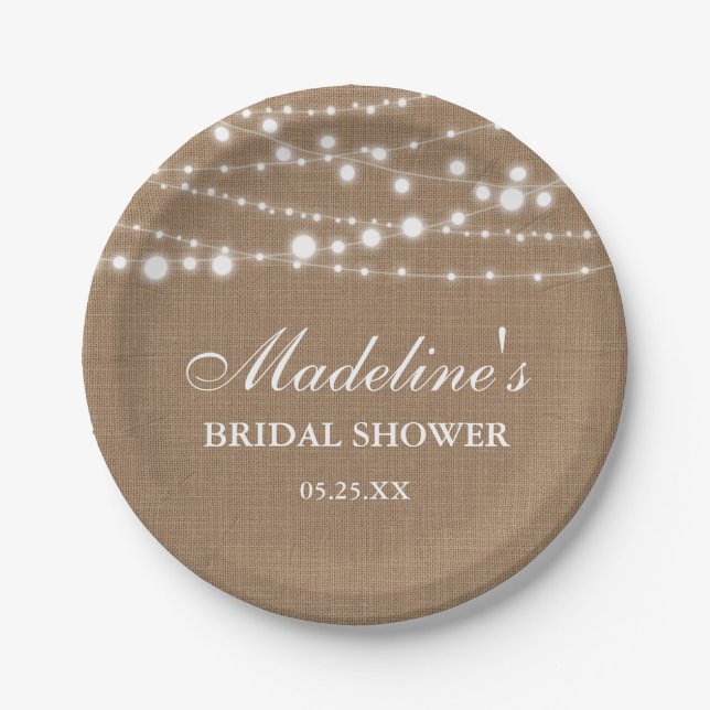 Rustic Bridal Shower Burlap String Lights Paper Plate (Front)