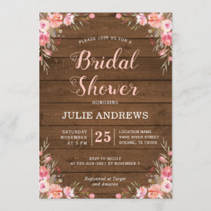 Rustic Bridal Shower Country Chic Pink Floral Wood Invitation