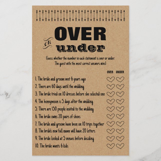 Rustic Bridal Shower Games Over or Under Game Card (Front)