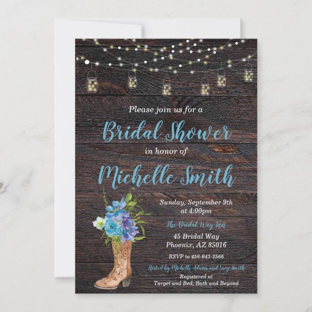 Rustic Bridal Shower Invitation, Boot, Blue Floral Invitation (Front)
