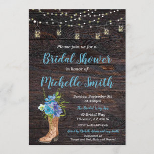 Rustic Bridal Shower Invitation, Boot, Blue Floral Invitation