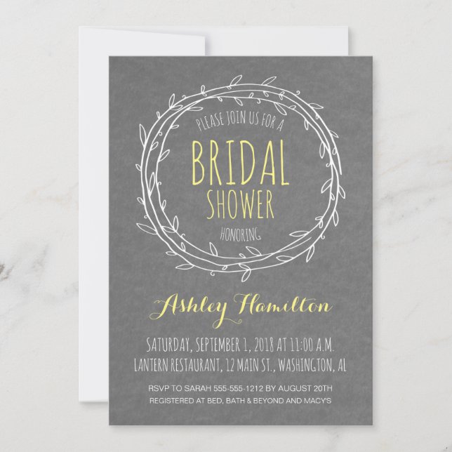 Rustic Bridal Shower invite in Grey and Yellow (Front)
