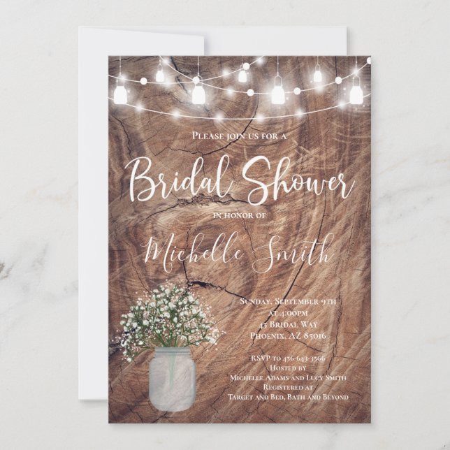 Rustic Bridal Shower, Mason Jar, Babys Breath Jar Invitation (Front)