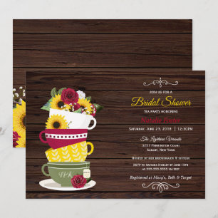 Rustic Bridal Shower Tea Party Roses & Sunflowers Invitation