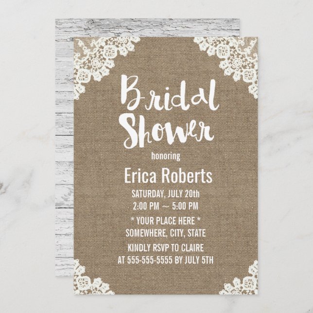 Rustic Bridal Shower Vintage White Laced Burlap Invitation (Front/Back)
