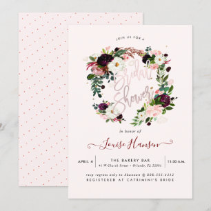 Rustic Bridal Shower, Watercolor Burgundy Wreath Invitation