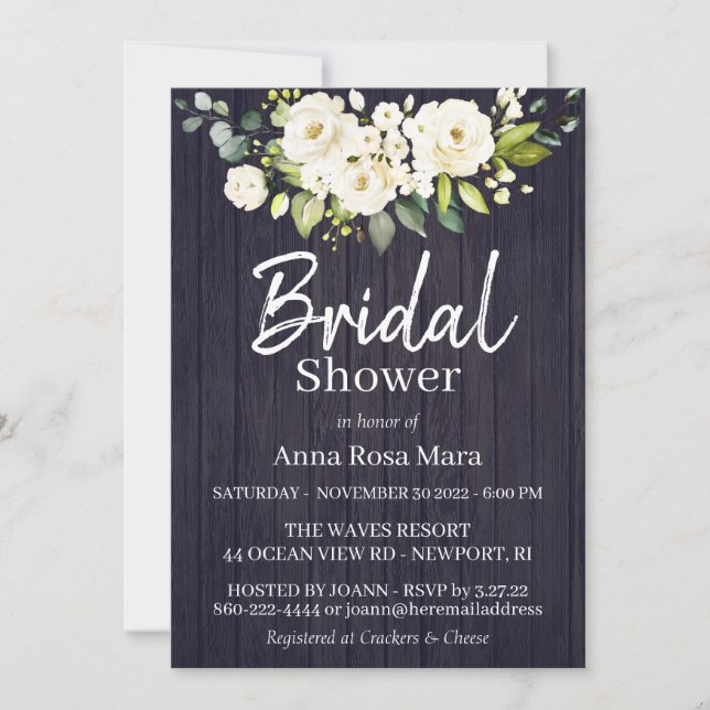 *~* Rustic Bridal Shower White Watercolor Rose Invitation (Front)
