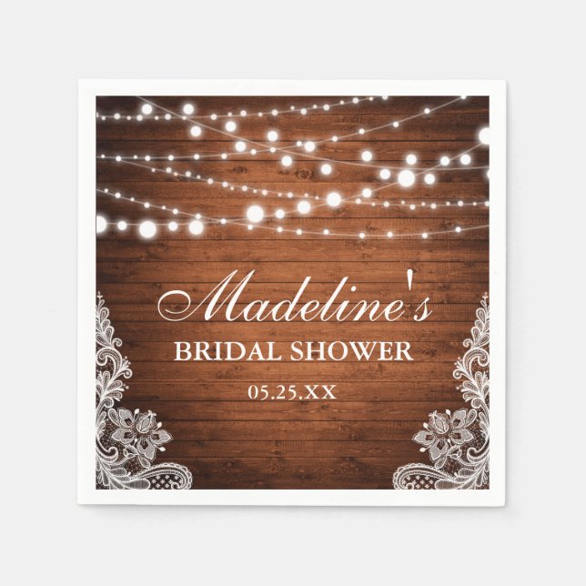 Rustic Bridal Shower Wood String Lights Lace Napkin (Front)