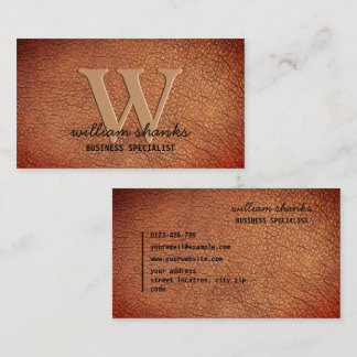 Rustic bright brown leather monogram black script business card