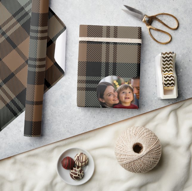 Rustic Brown and Black Tartan Christmas Photo Wrapping Paper (Crafts)