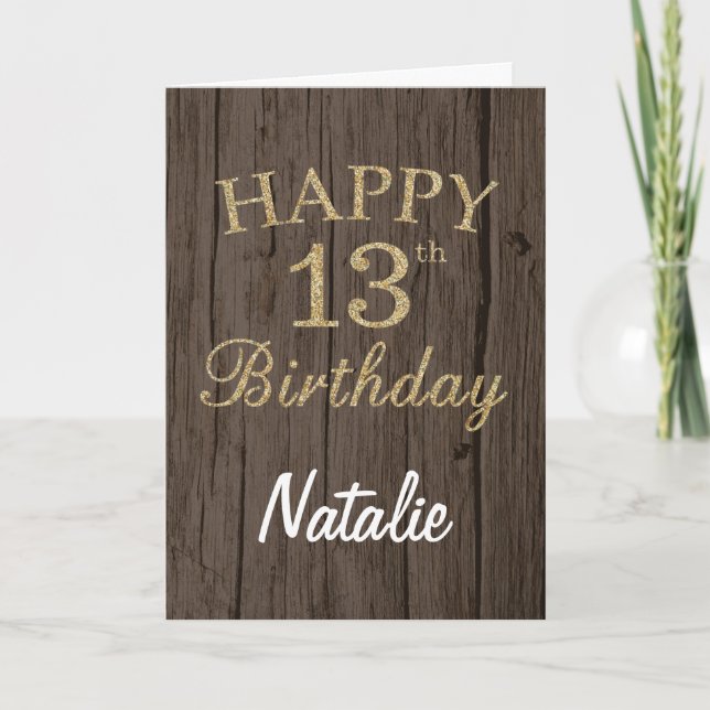 Rustic Brown and Gold Glitter 13th Birthday Card (Front)