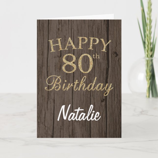 Rustic Brown and Gold Glitter 80th Birthday Card (Front)