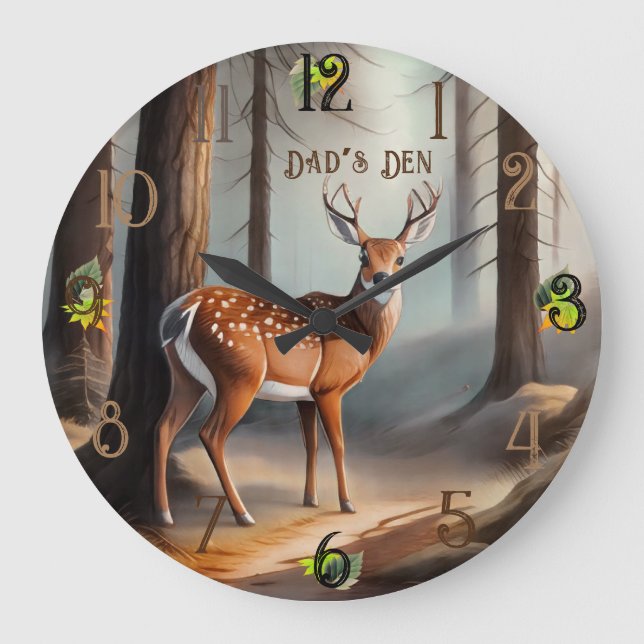 Rustic Brown and Grey Watercolor Deer Large Clock (Front)