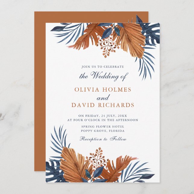 Rustic Brown and Midnight Blue Leaves Wedding Invitation (Front/Back)