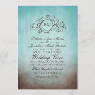 Rustic Brown and Teal Bohemian Wedding Invitation