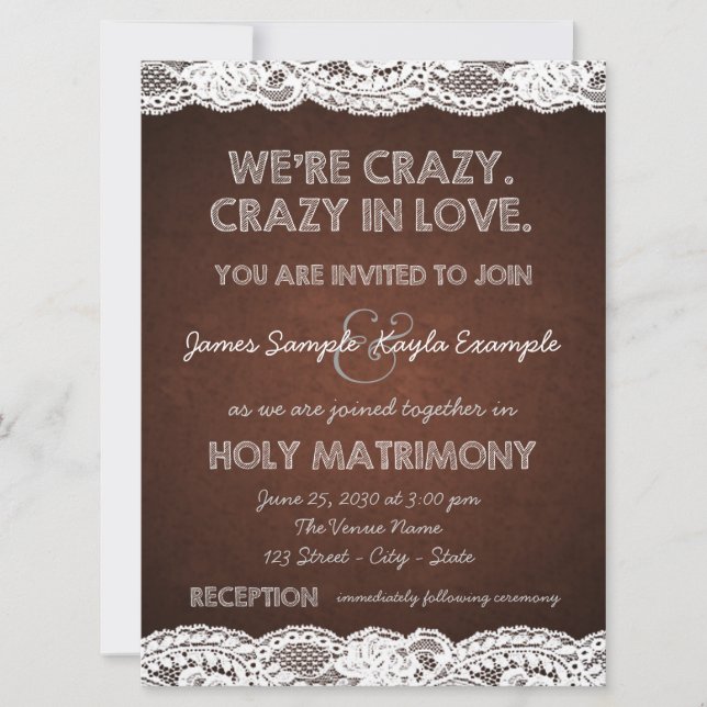 Rustic Brown and White Lace Wedding Invitation (Front)
