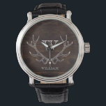 Rustic Brown Antler Monogrammed Groomsman Gift Watch<br><div class="desc">Give your wedding party a gift that’s both practical and memorable with our rustic yet elegant Walnut Brown Deer Antler Watch. Designed with a minimalist face featuring intricately sketched deer antlers, each watch can be personalized with initials or a groomsman’s or best man’s name for a lasting keepsake. Inspired by...</div>