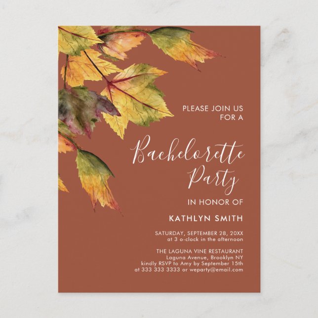 Rustic Brown Autumn Foliage Bachelorette Party Invitation Postcard (Front)