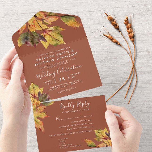 Rustic Brown Autumn Foliage Fall Wedding All In One Invitation (Creator Uploaded)