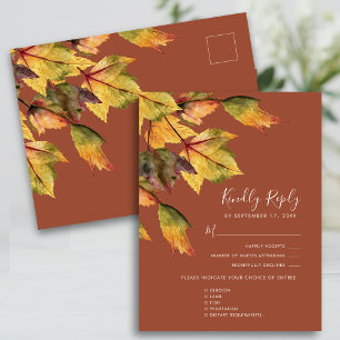 Rustic Brown Autumn Foliage Wedding RSVP Invitation Postcard