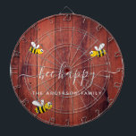 Rustic brown barn wood bee happy bumble bees dartboard<br><div class="desc">Decorated with happy,  smiling yellow and black  bumble bees. A classic wooden rustic brown barn wall as background. White hand lettered script and the text: Bee Happy.  Personalize and add your family name.</div>