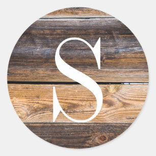 Rustic Brown Barn Wood Texture Monogram  Classic Round Sticker