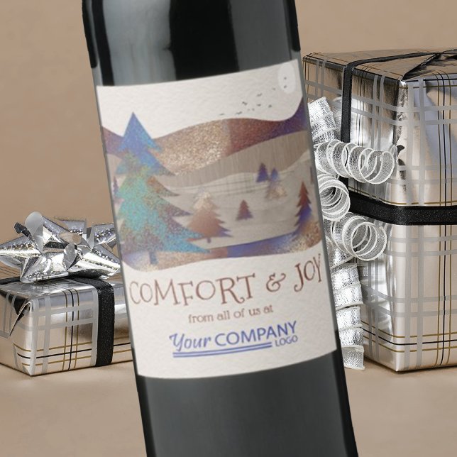 Rustic Brown, Blue, Teal Forest Food, Wine Label (company Christmas logo wine labels, corporate holiday stickers, rustic pine trees brown beige forest)