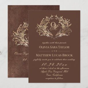 Rustic Brown Botanical Faux Velvet Wedding Invitation