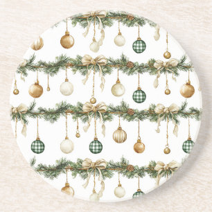 Rustic Brown Bows Cream Green Christmas Coaster
