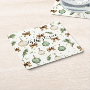 Rustic Brown Bows Cream Green Christmas Square Paper Coaster