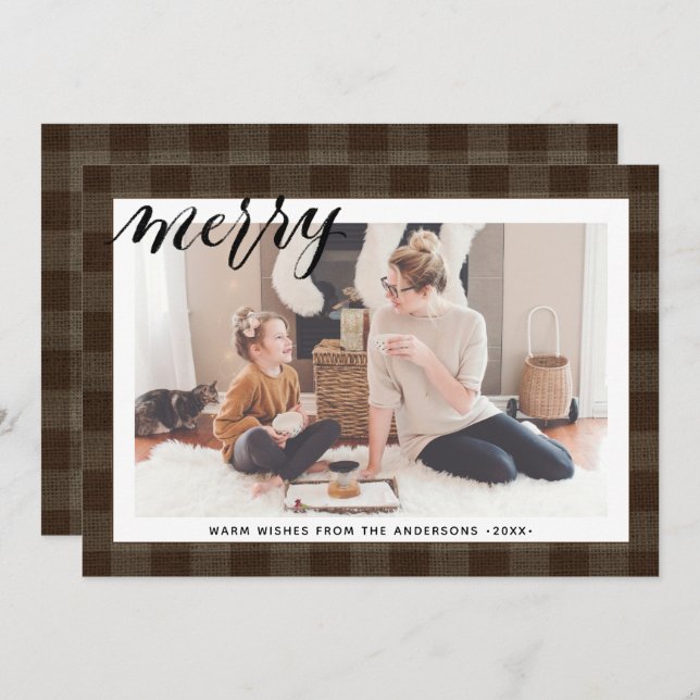 Rustic Brown Buffalo Plaid Elegant Script MERRY Holiday Card (Front/Back)