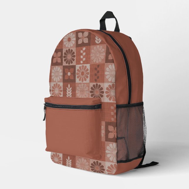 Rustic Brown Burlap Flowers Leave Printed Backpack (Back Corner Right)