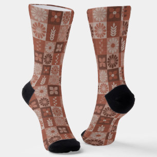 Rustic Brown Burlap Flowers Leaves Pattern Socks