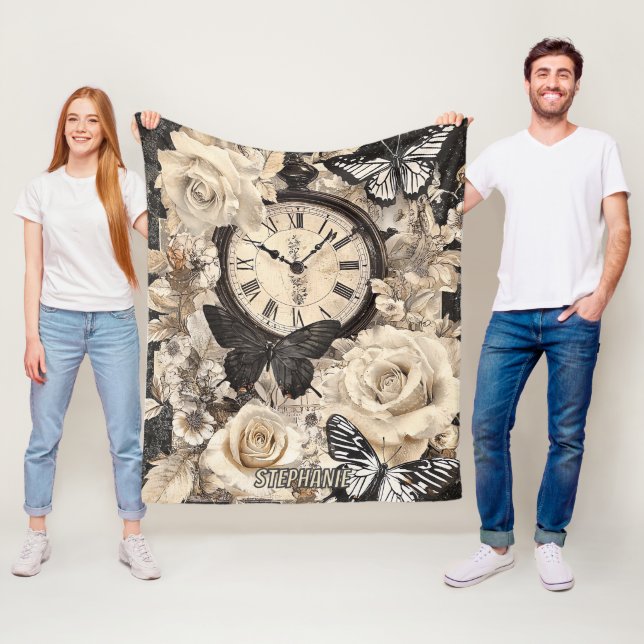 Rustic Brown Compass Butterfly Botanical Fleece Blanket (In Situ)