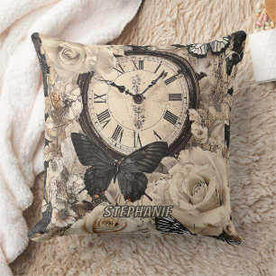 Rustic Brown Compass Butterfly Botanical Throw Pillow