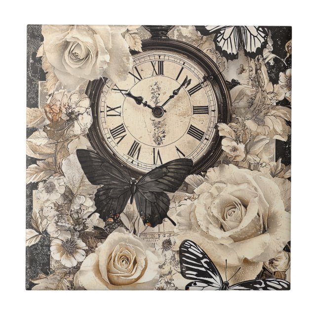Rustic Brown Compass Butterfly Botanical Tile (Front)