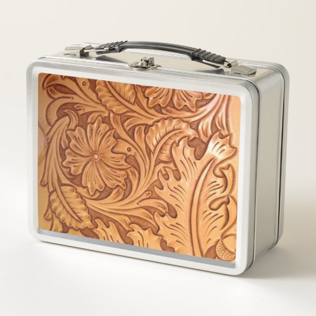 Rustic brown cowboy fashion western leather metal lunch box (Front)