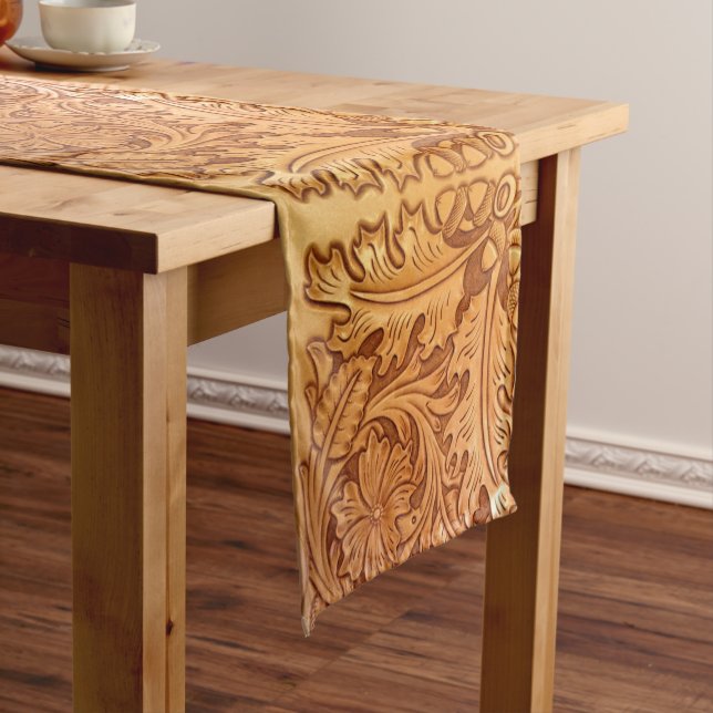Rustic brown cowboy fashion western leather short table runner (In Situ)