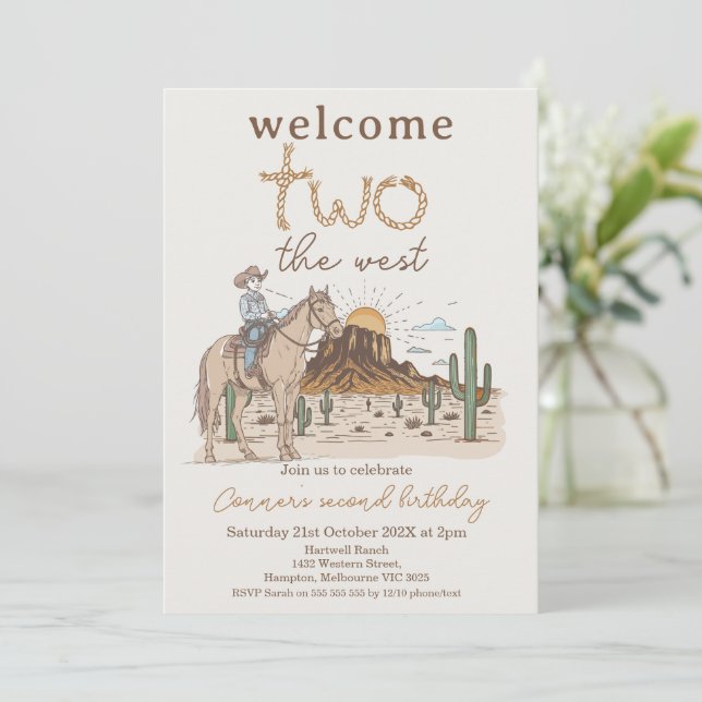 Rustic Brown Cowboy Welcome Two West 2nd Birthday Invitation (Standing Front)