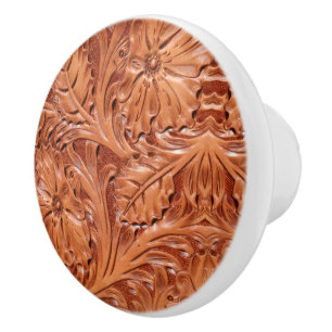 Rustic Brown Cowboy Western Country Leather Print Ceramic Knob