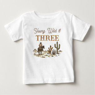Rustic Brown Cowboy Young, Wild Three Birthday  Baby T-Shirt