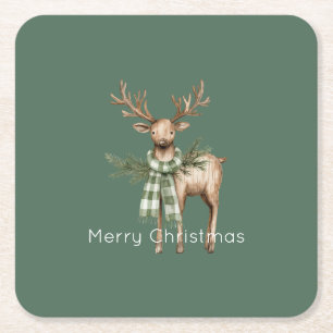 Rustic Brown Cream Green Deer Square Paper Coaster