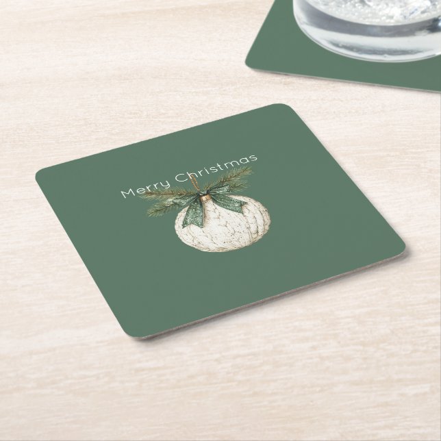 Rustic Brown Cream Green Ornament Christmas   Square Paper Coaster (Angled)