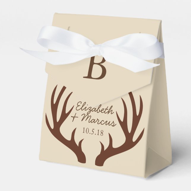 Rustic Brown Deer Antlers Couple's Names Favor Box (Front Side)